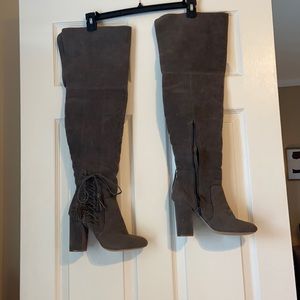 Thigh high velvet heeled boots